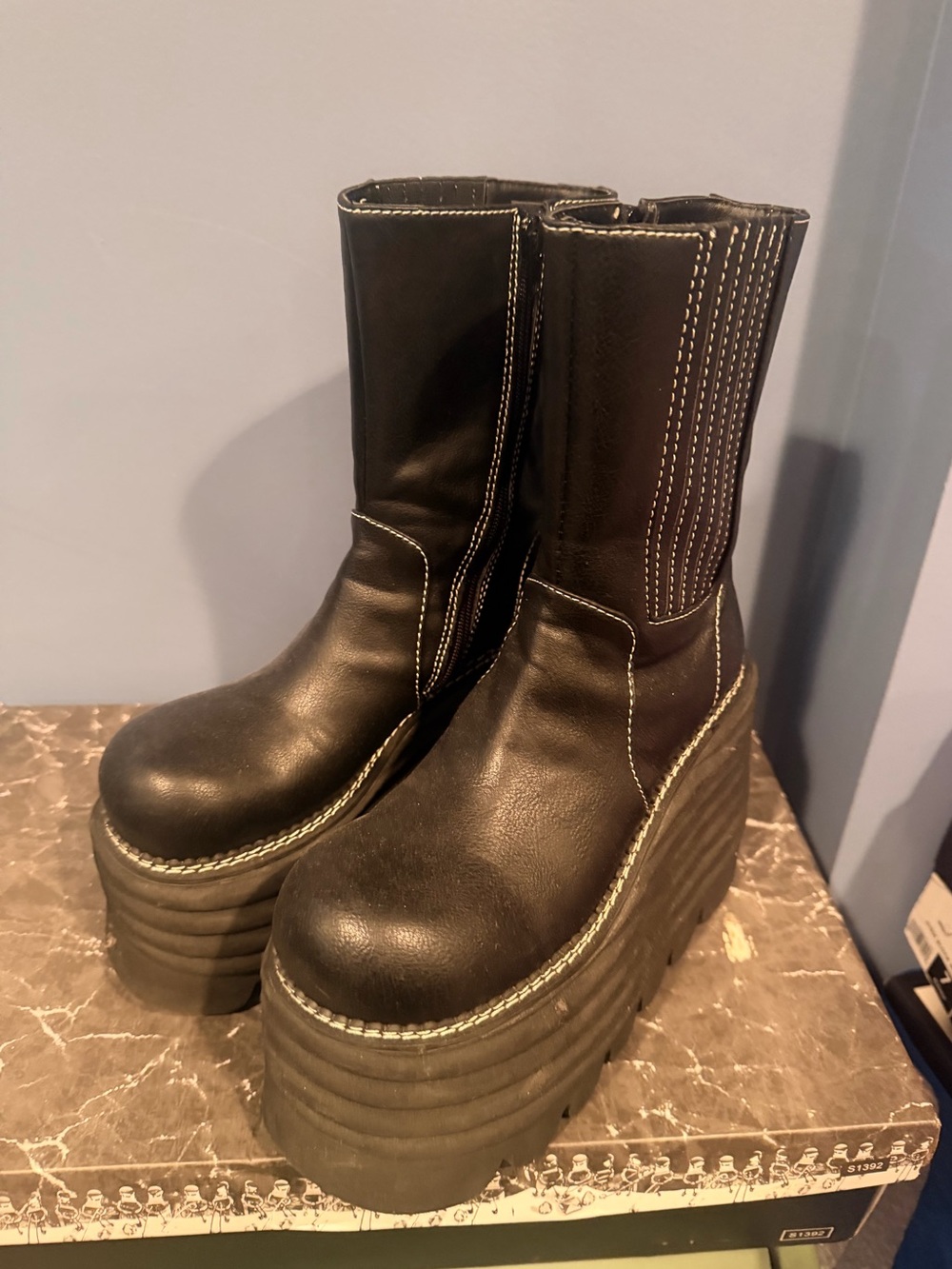 Dolls Kill Black Platform Mid-Calf Boots with Contrast Stitching - Picture 2 of 4